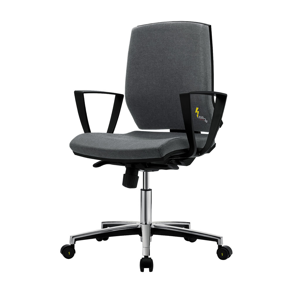 Ergonomischer ESD-Stuhl ERGONOMY mit höhe Rückenlehne, ESD-Bürostuhl ERGONOMY aus Öko-Leder, schwarz, mit Armlehnen, hohe Rückenlehne, Aluminium-Fußring