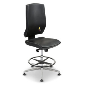 ESD-Bürostuhl ERGONOMY aus Ökoleder, schwarz, hohe Rückenlehne, Aluminium-Fußring